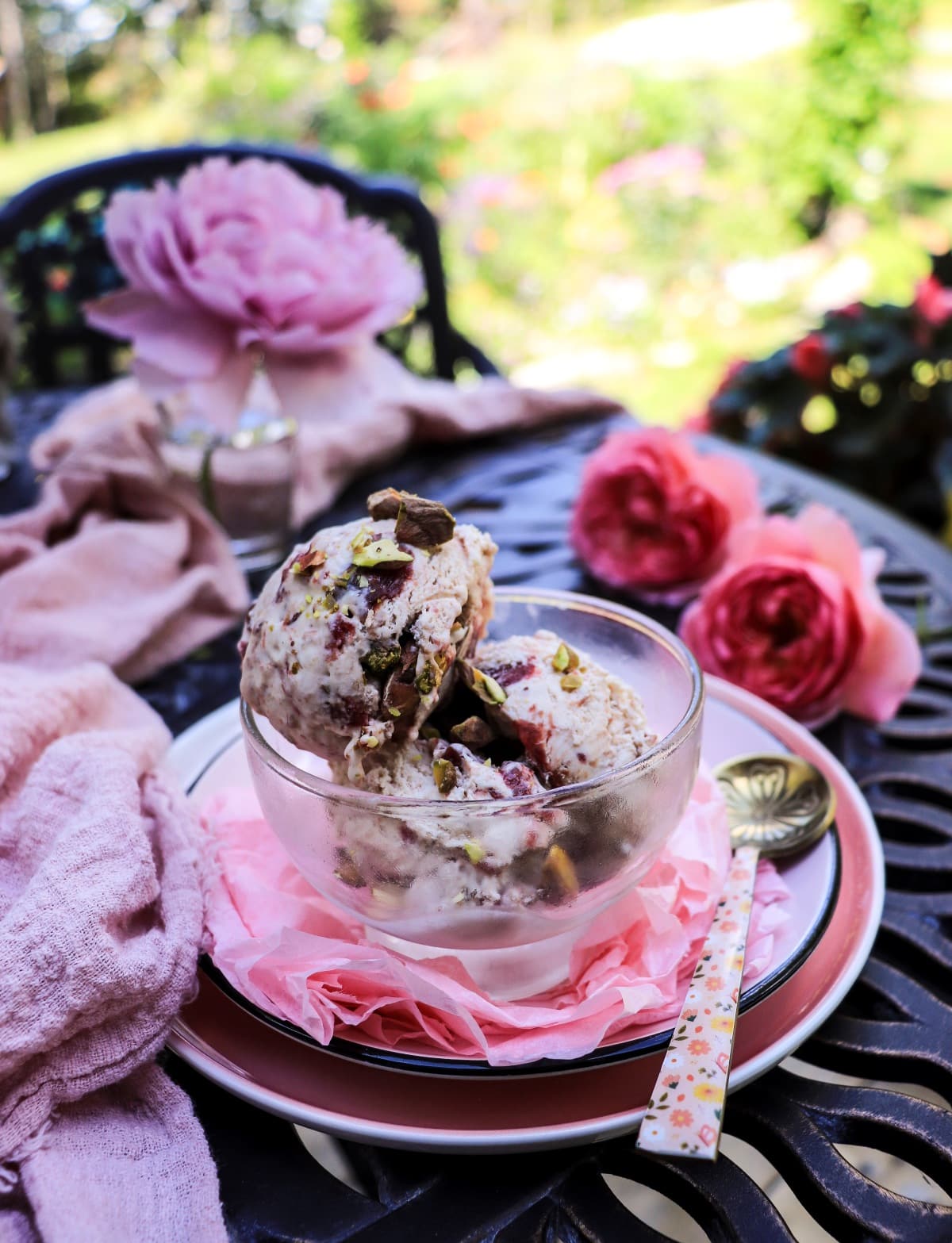 Rose jam ice cream with pistachios