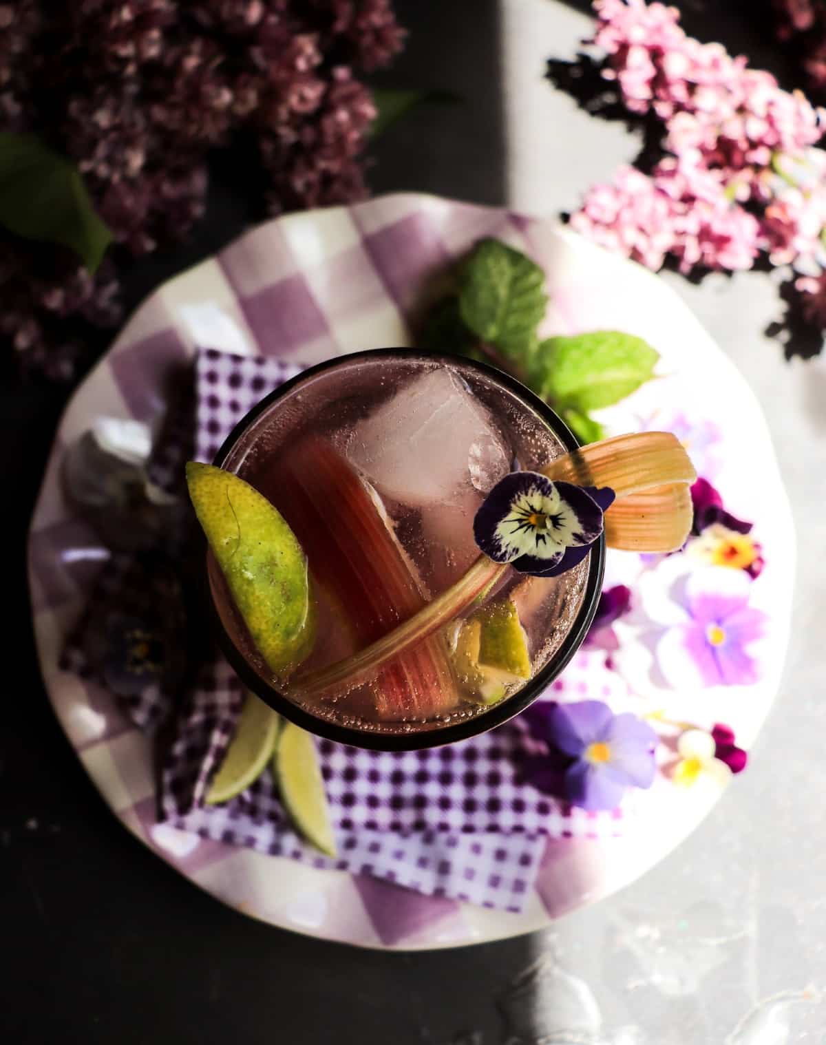 Top view of Rhubarb Violet Fizz with rhubarb garnish