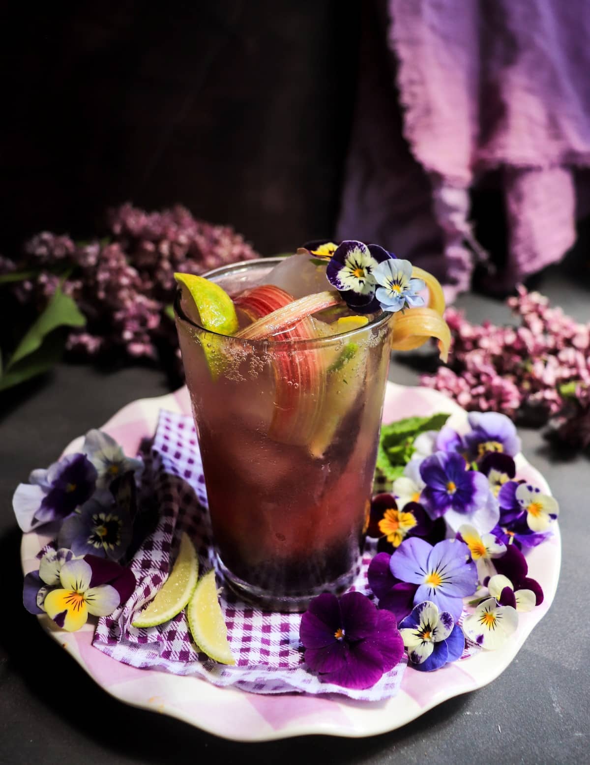 rhubarb gin cocktail with violet liqueur