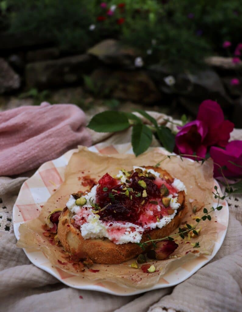 Ricotta Toast with Rose Petal Jam, Pistachios, and Lemon Zest