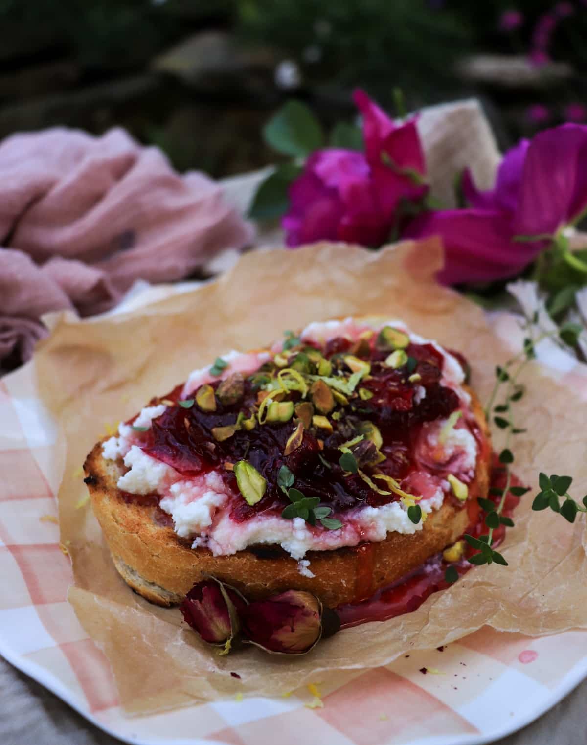 ricotta toast with rose petal jam and pistachios
