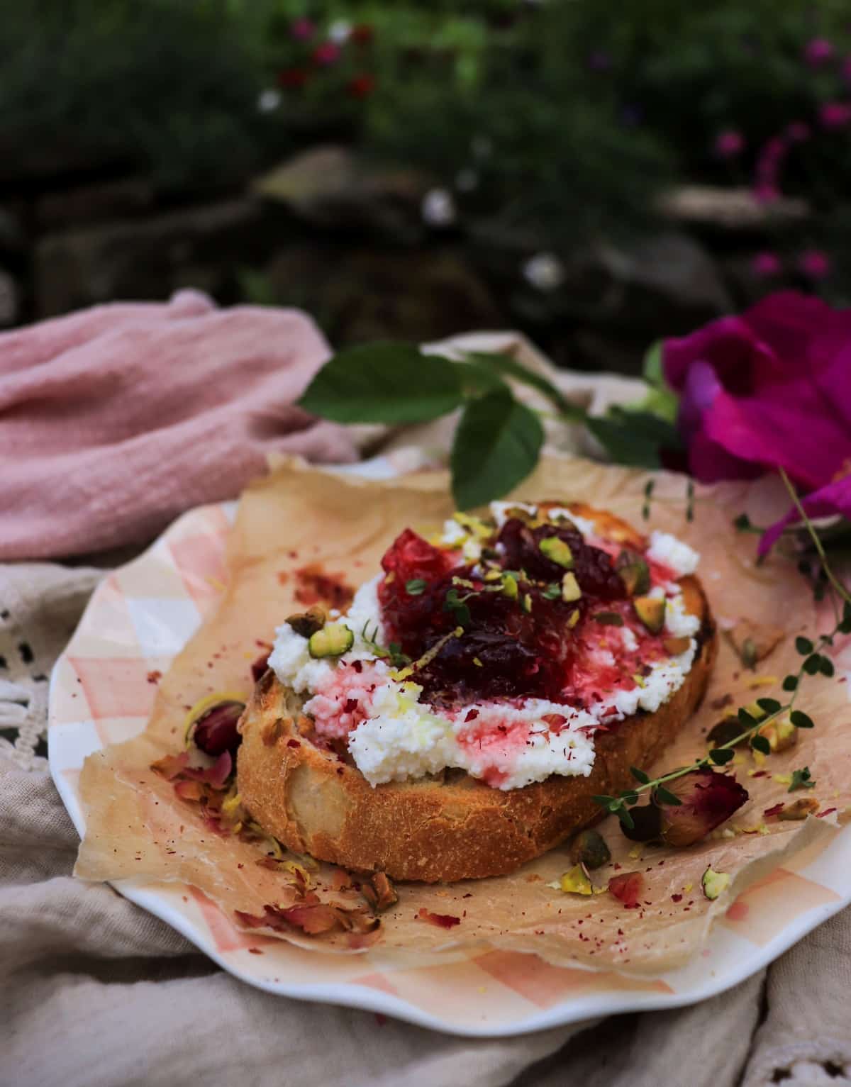 ricotta toast with rose petal jam, pistachios, lemon zest and thyme