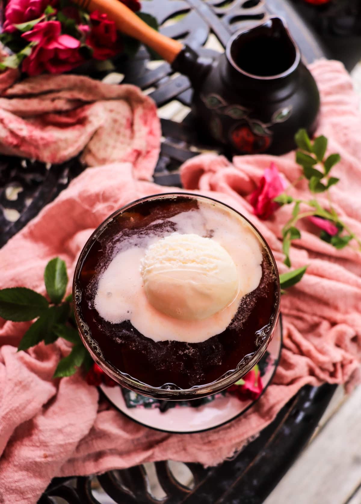 how to make amaretto affogato with rose petal syrup