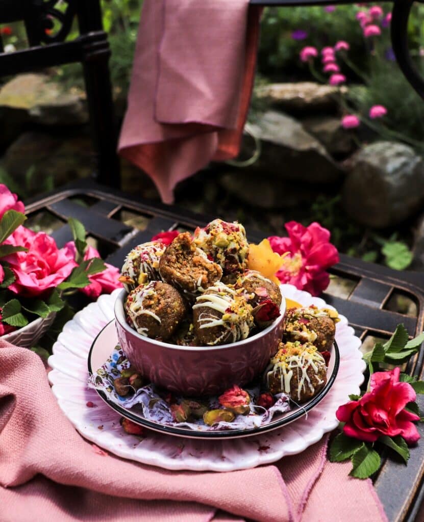Rose Cookie Truffles with Pistachios and White Chocolate