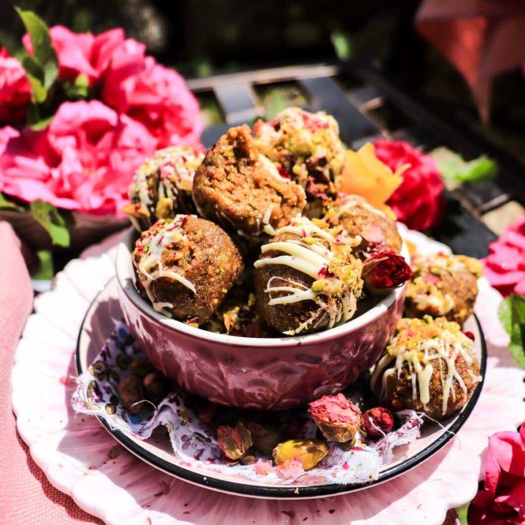 Rose Cookie Truffles with Pistachios and White Chocolate