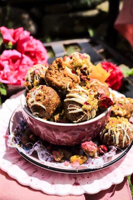 Rose Cookie Truffles with Pistachios and White Chocolate