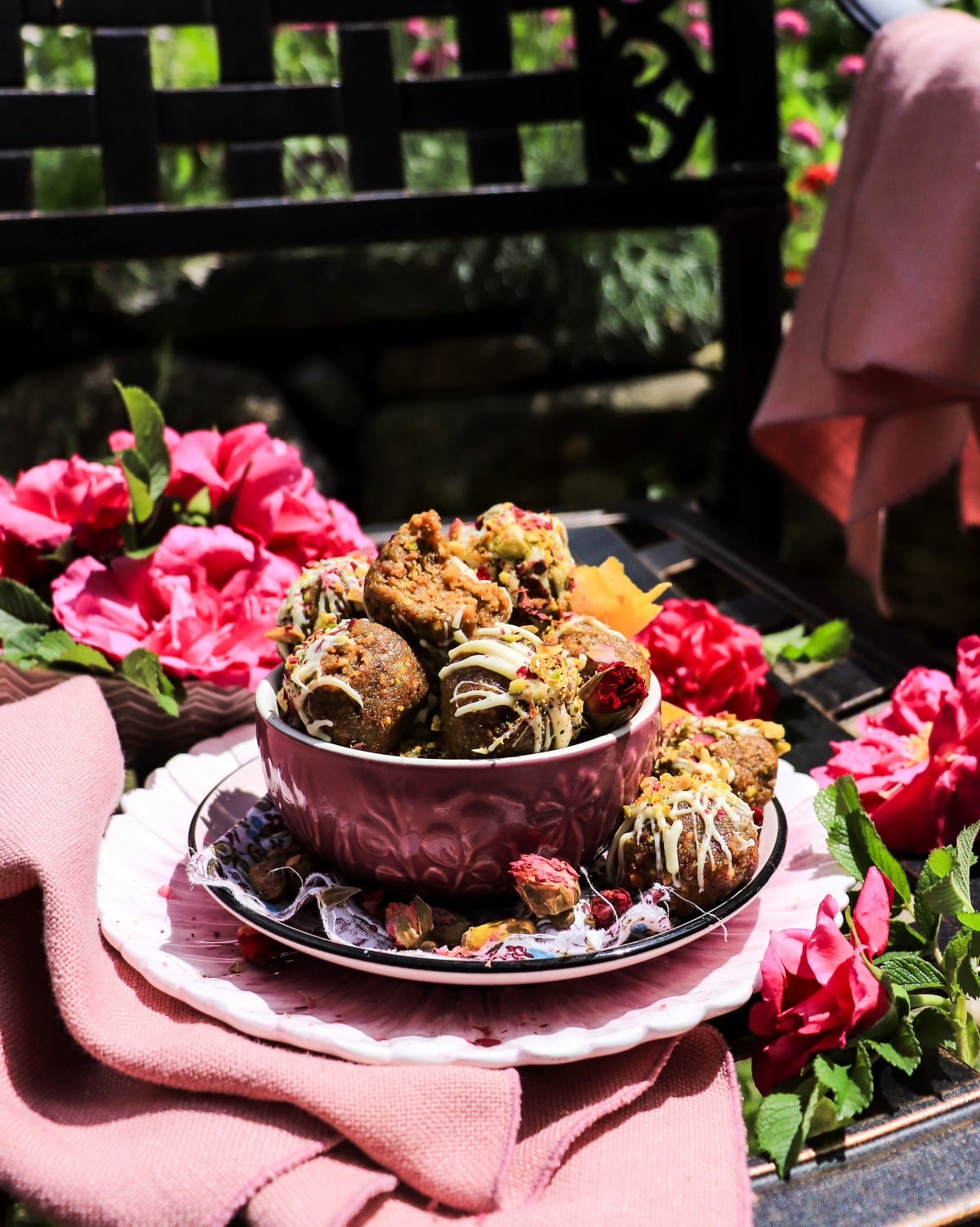 Pistachio cookie truffles with rose petal jam