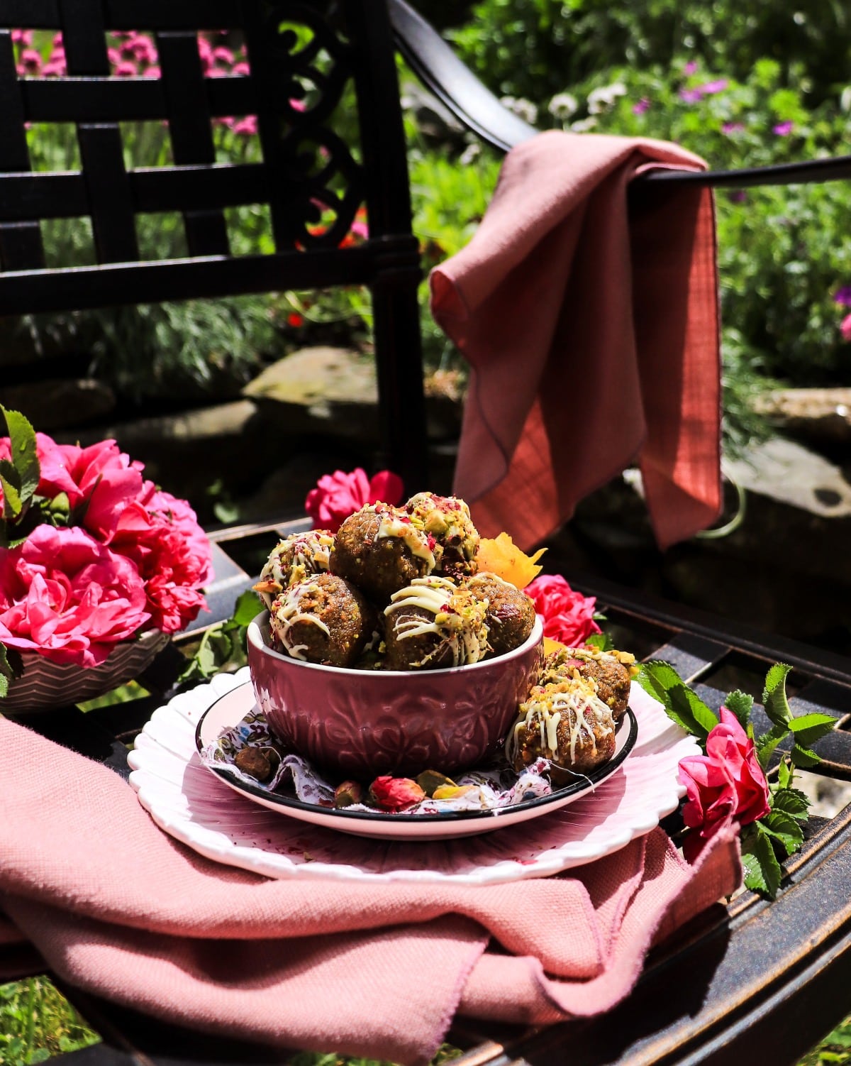 easy cookie truffles with rose petal jam and pistachios
