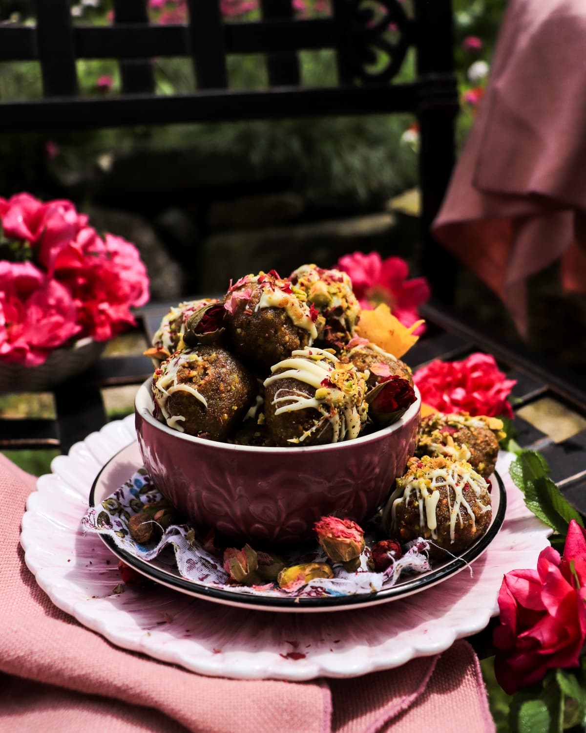 Rose cookie balls with homemade rose petal jam
