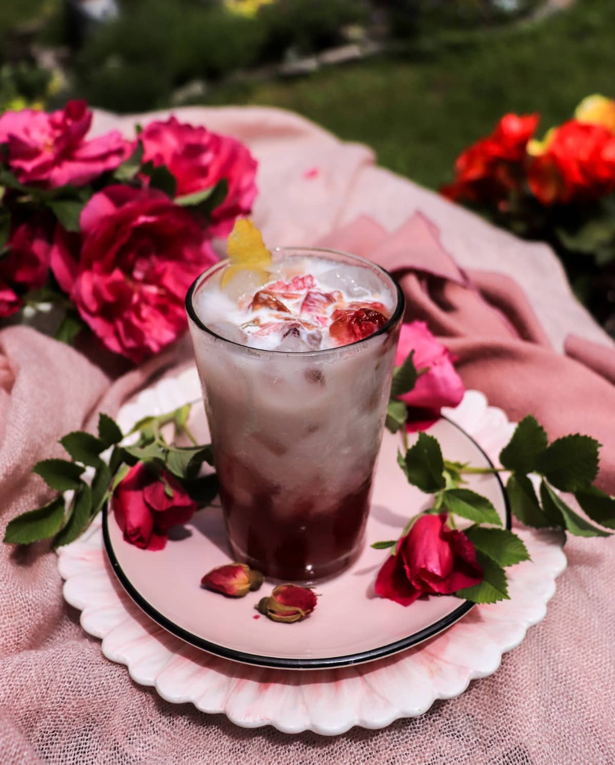 Homemade cream soda lemonade with cream and rose petal jam syrup