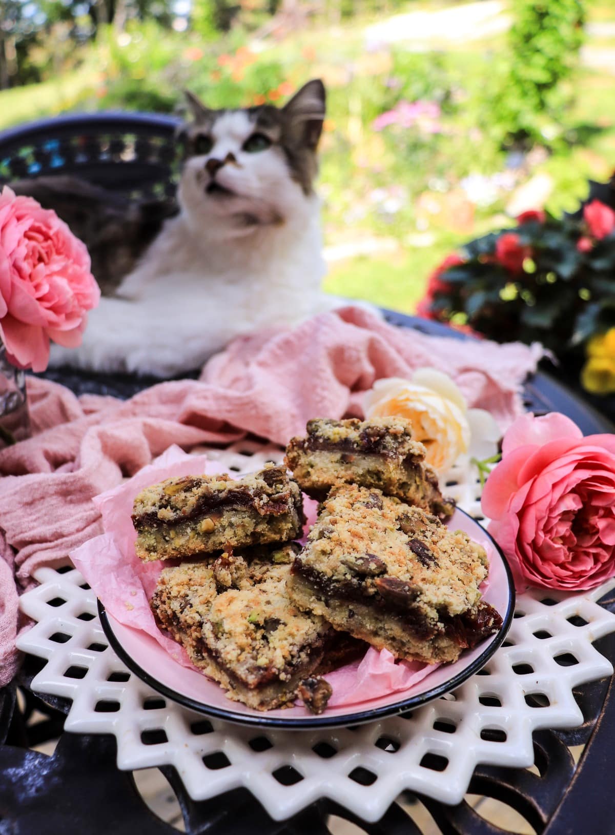 Less sweet Shortbread Bars with Pistachios and rose jam