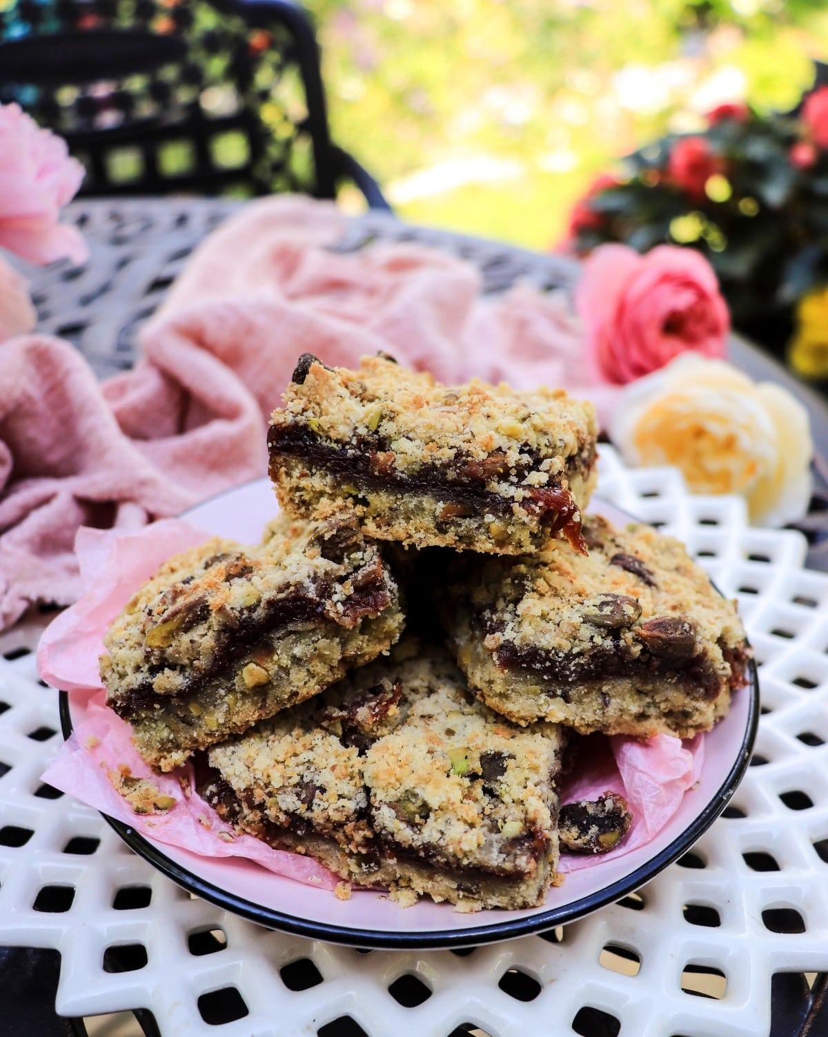 Rose jam shortbread bars with pistachios