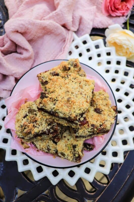 Rose Jam Shortbread Bars with Pistachios