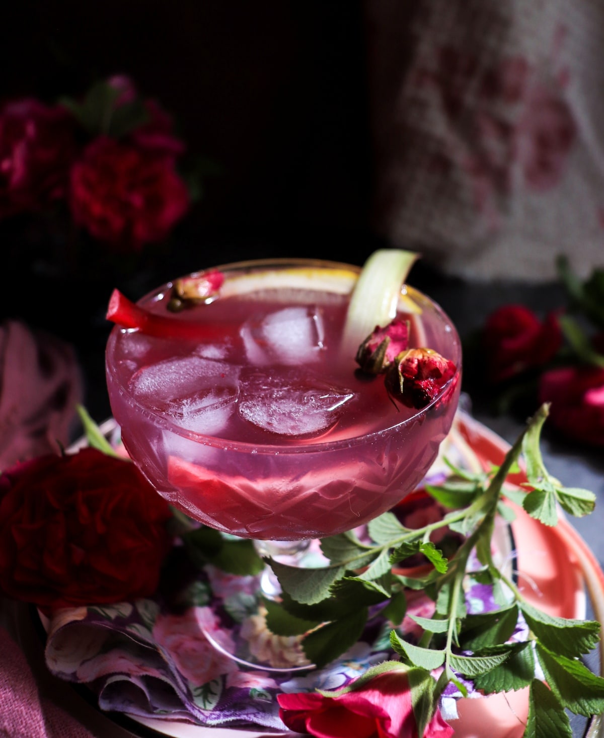 Rose Rhubarb Cocktail with Empress 1908 Gin in a coupe glass