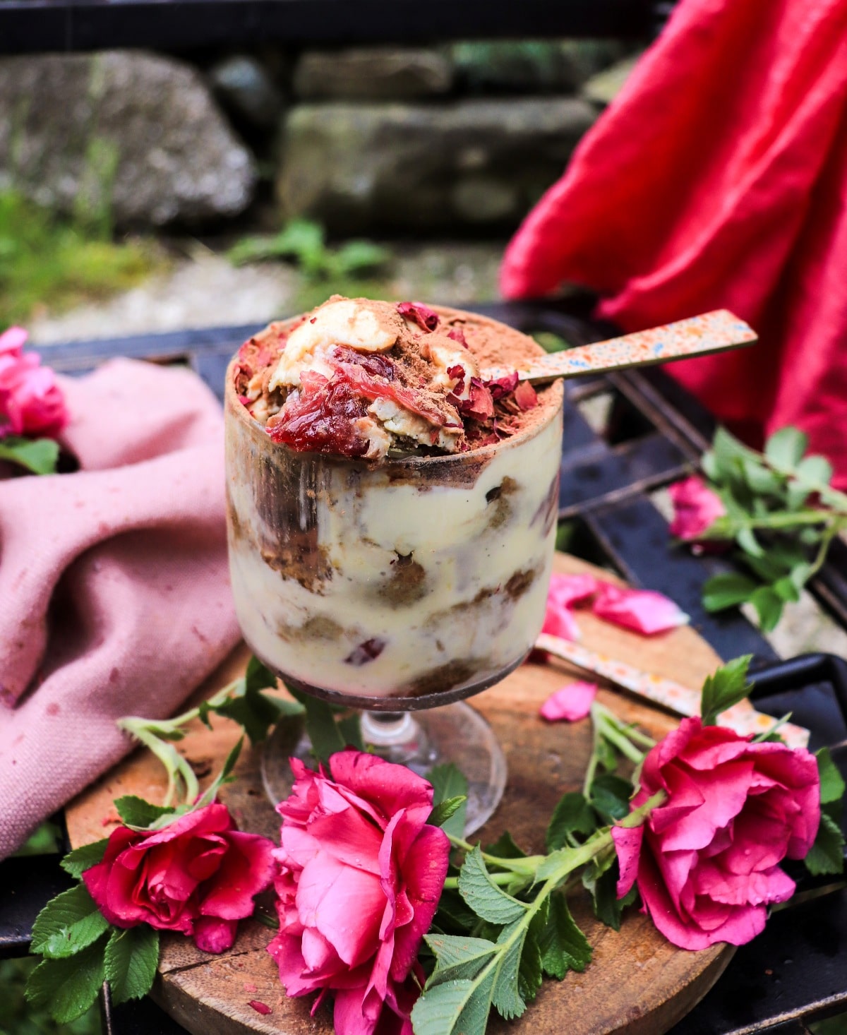 rose tiramisu with coffee-soaked ladyfingers and rose petal jam