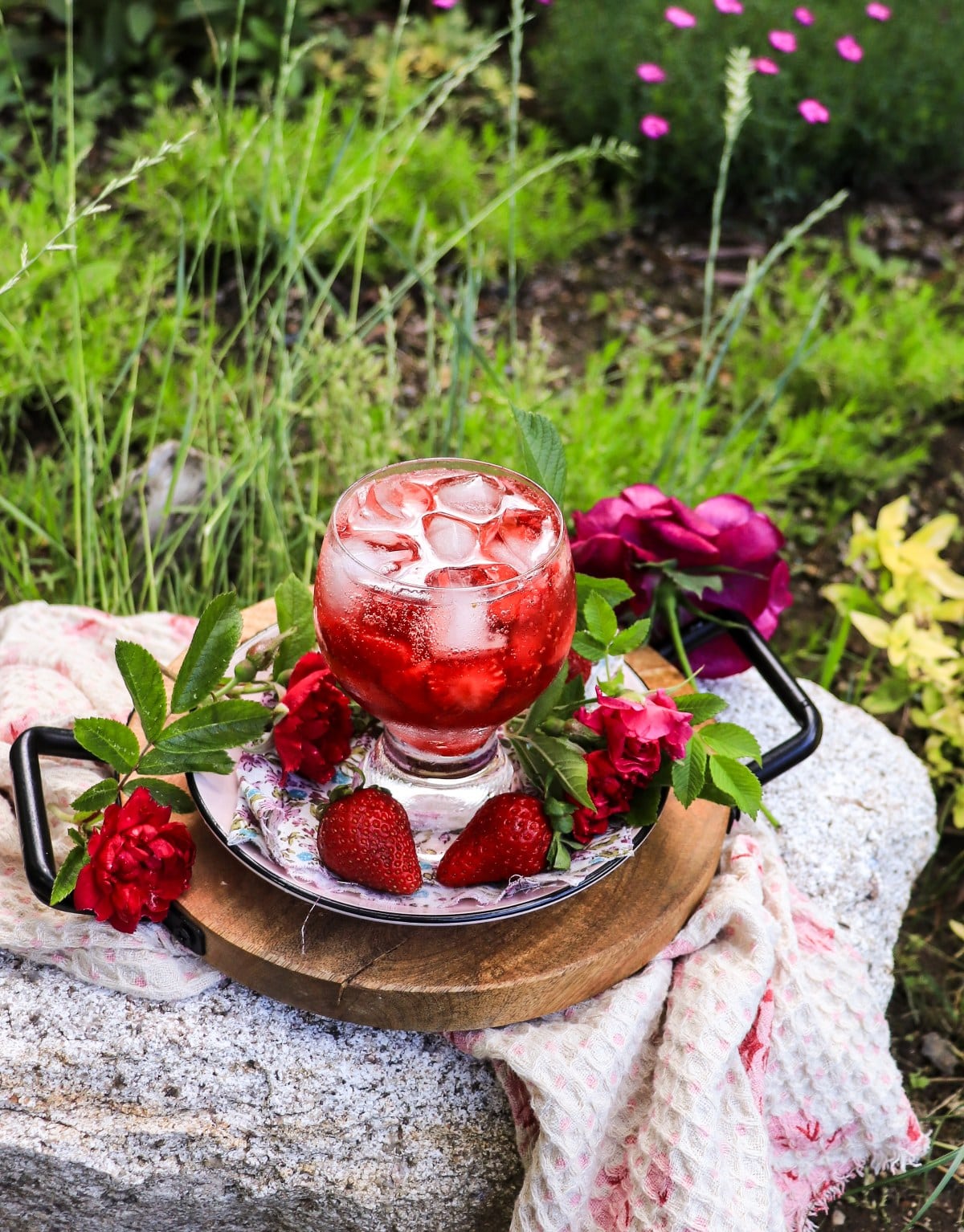 Strawberry and rose cocktail with sparkling wine