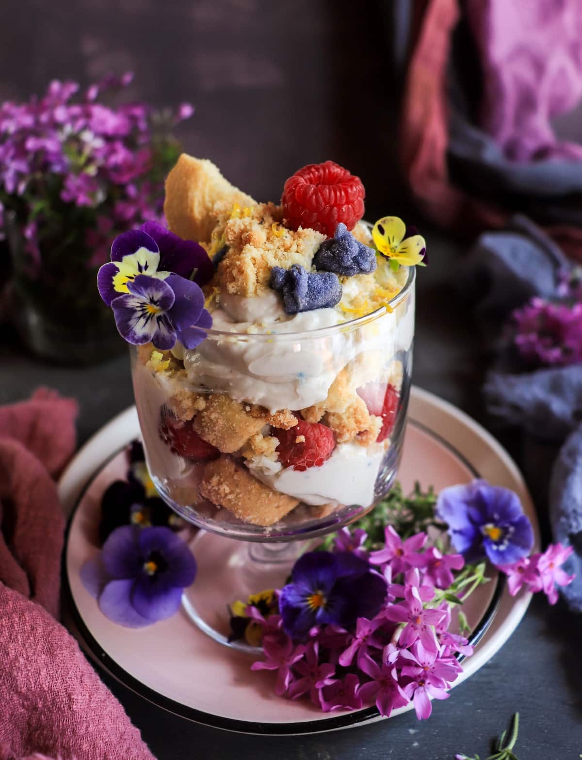 Violet trifle with shortbread, mascarpone and fresh raspberries