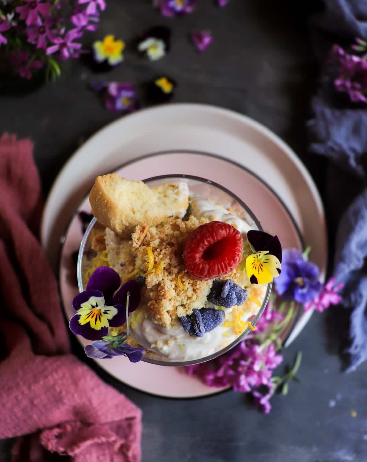 crème de violette trifle with shortbread cookies and raspberries