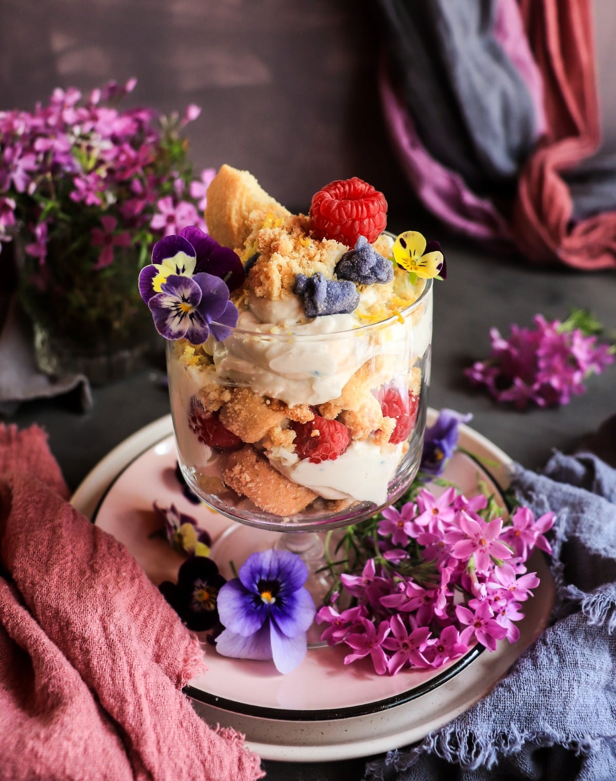 Layered violet trifle with mascarpone, shortbread and violet liqueur