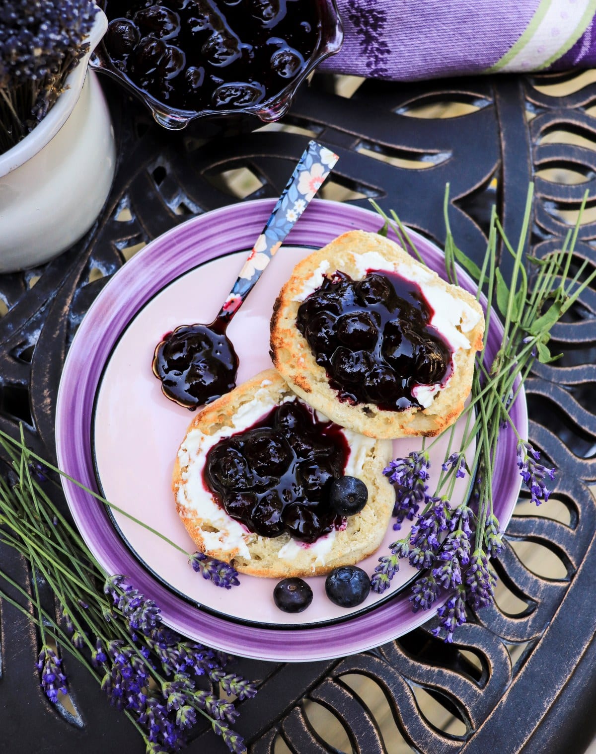 Blueberry lavender jam on English muffins