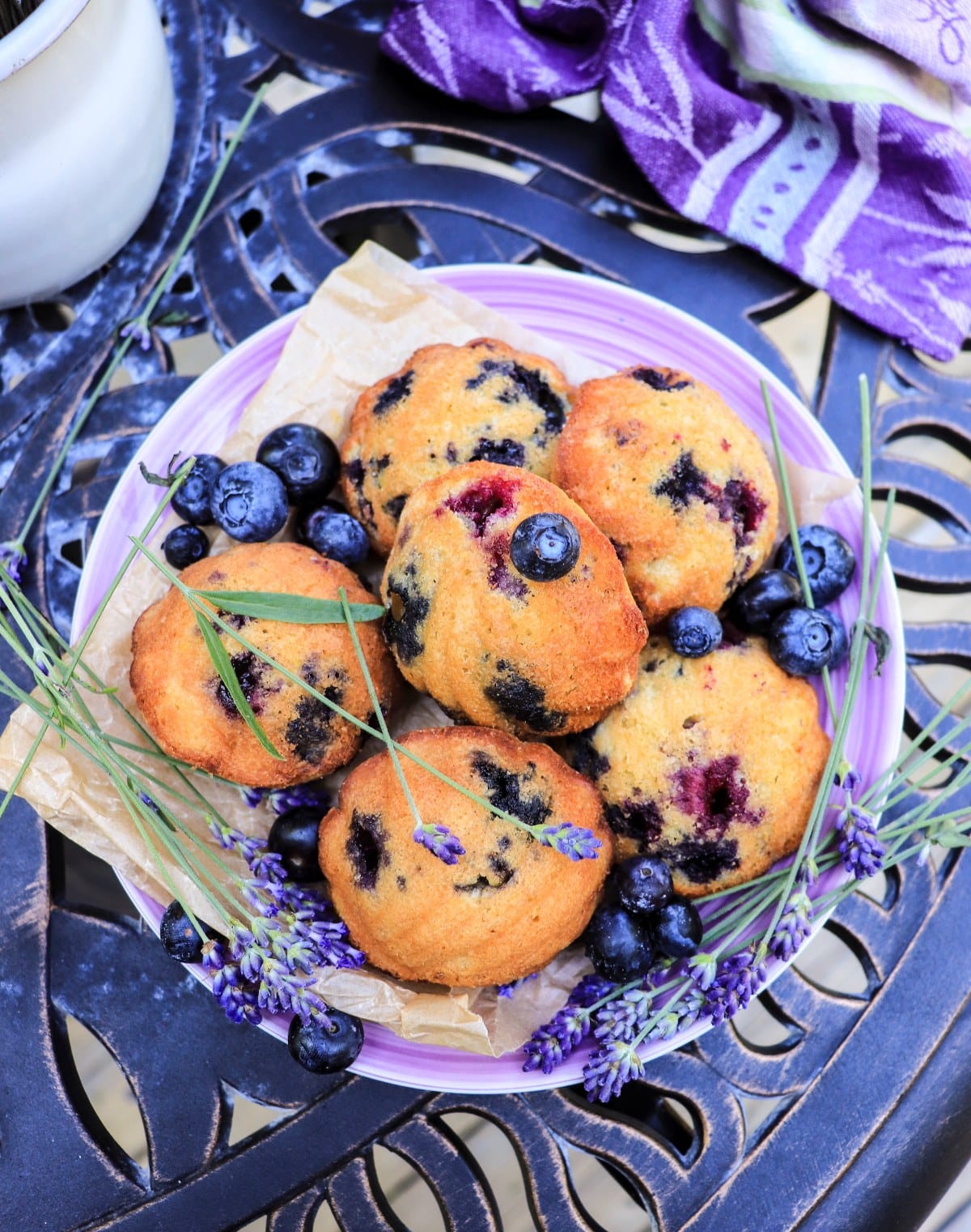 Blueberry madeleines with lavender, fresh blueberries, and lavender flowers