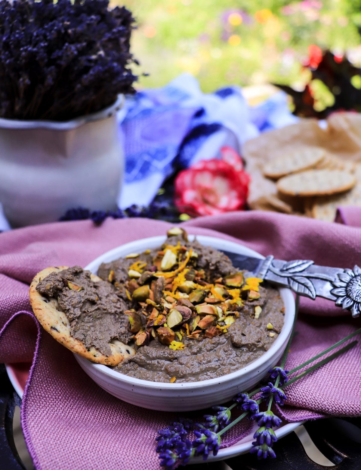 Rustic chicken liver pâté with pistachios, orange zest and lavender