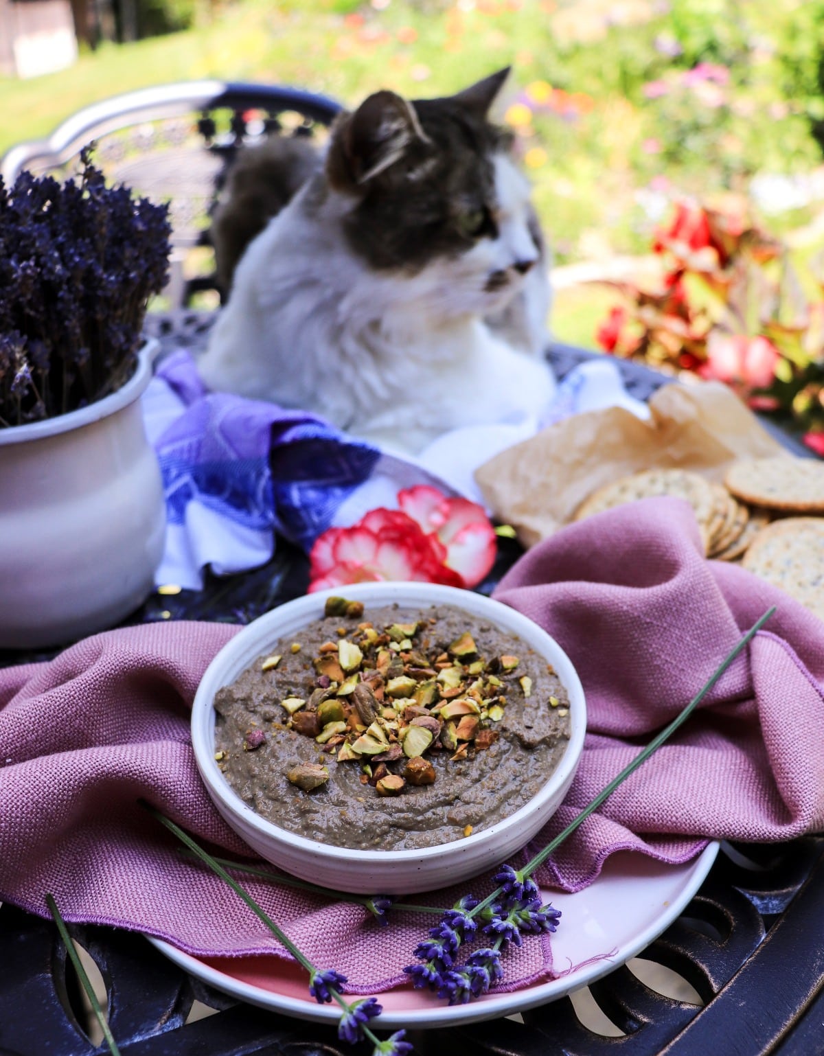Chicken liver pate with lavender and chopped pistachios