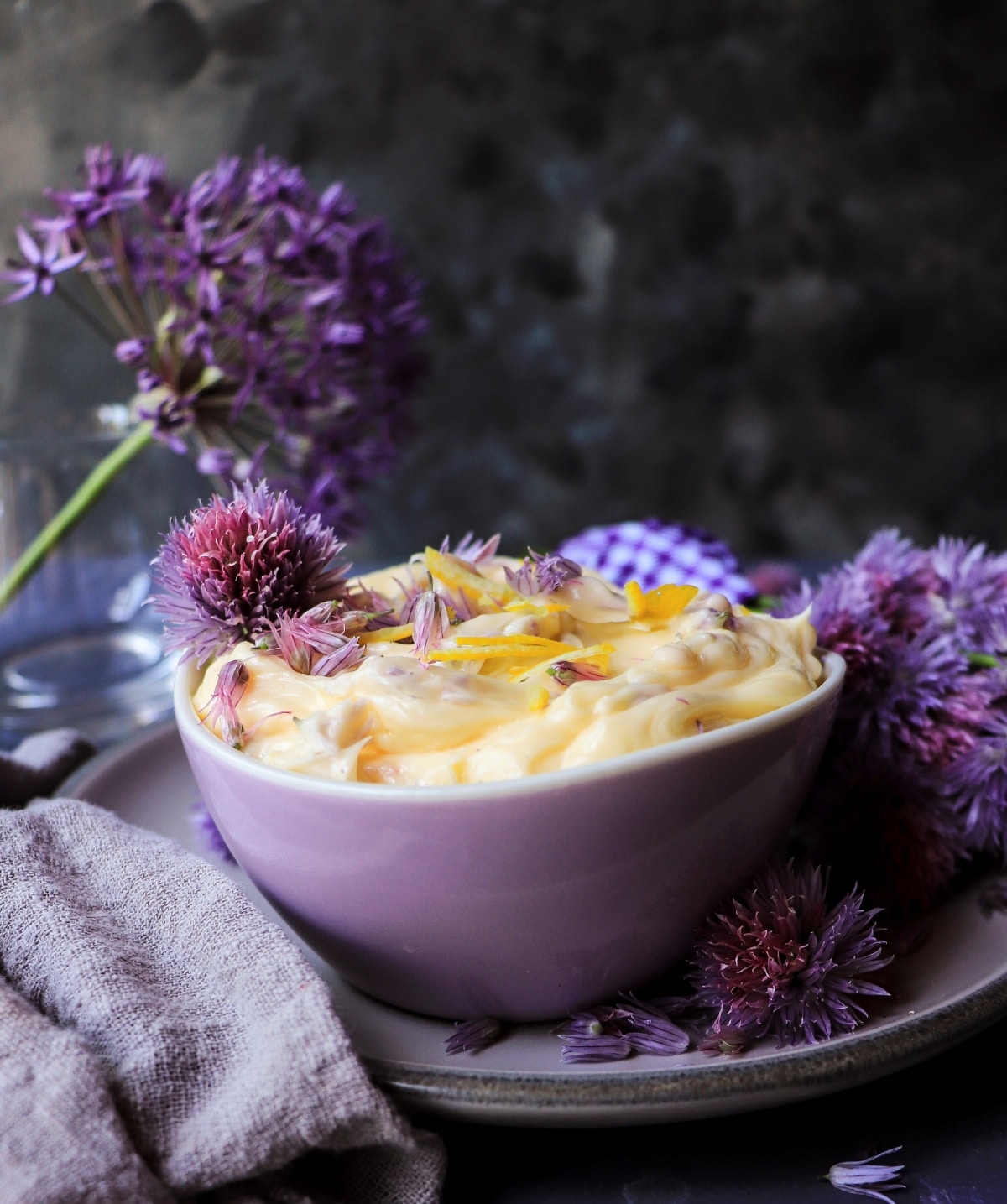 Chive flower butter with fresh lemon zest