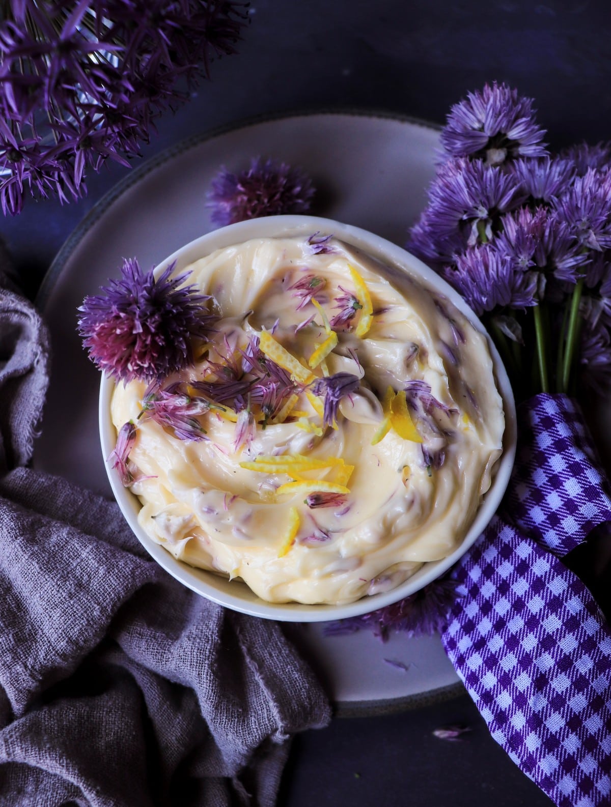 Honey lemon compound butter with chive blossoms