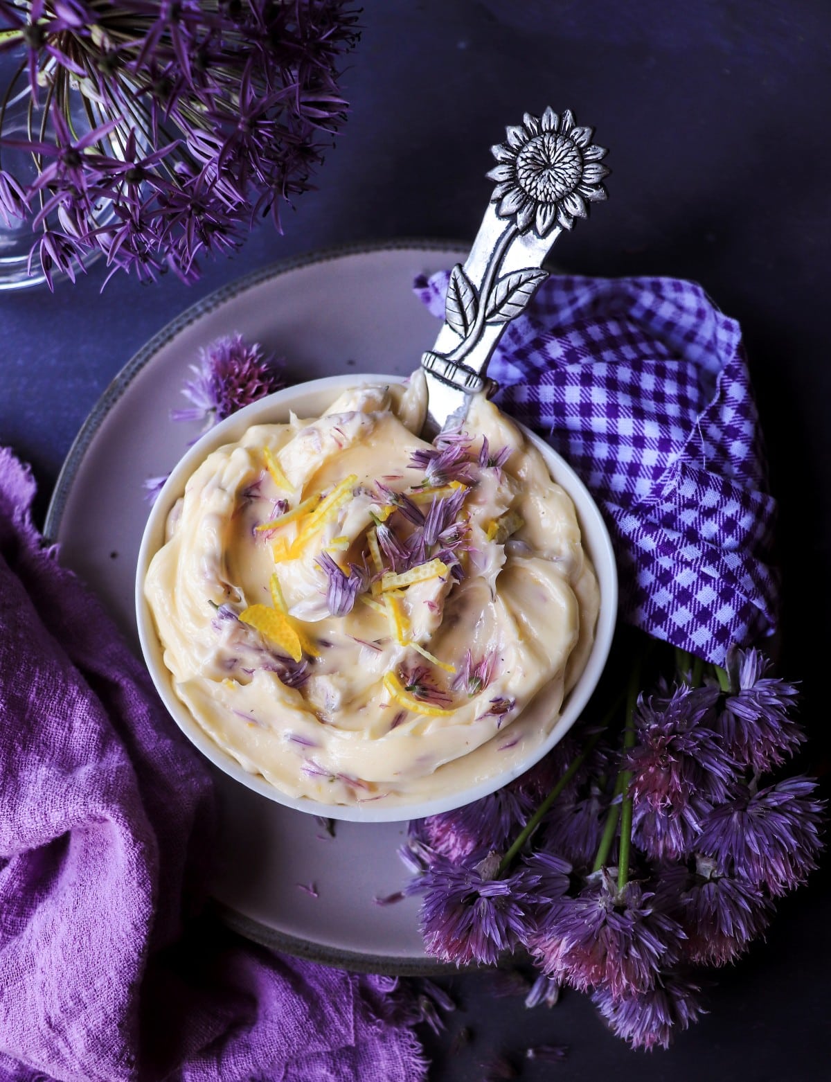 Chive blossom compound butter with honey and lemon