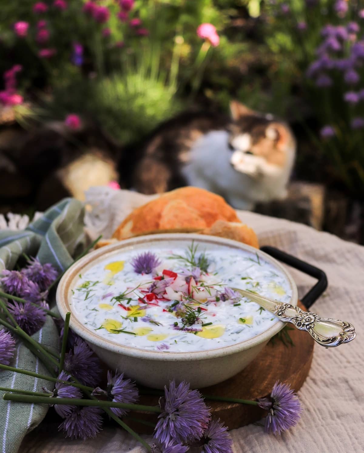 Cucumber yogurt soup with fresh dill, chives, radishes, and olive oil