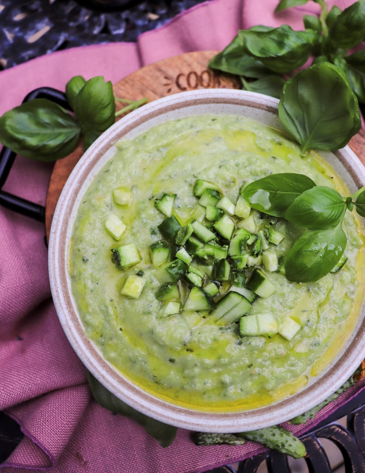 cucumber gazpacho with avocado, green tomatoes and basil