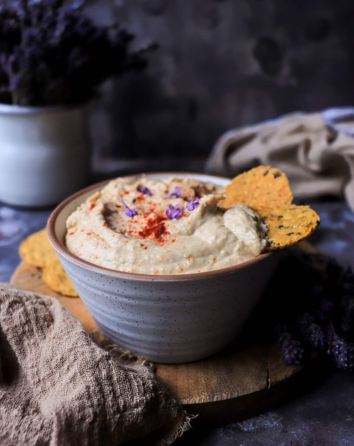homemade hummus with lavender and smoked paprika