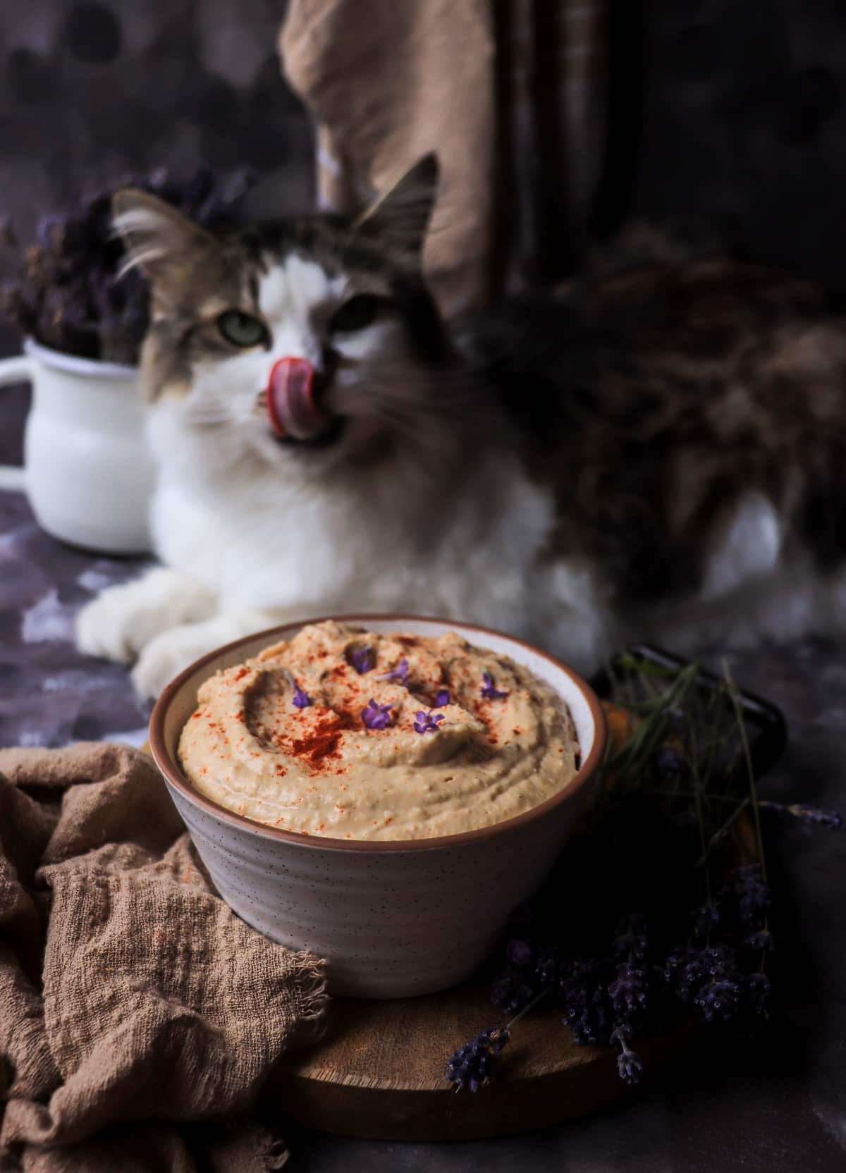 Homemade hummus with lavender and smoked paprika