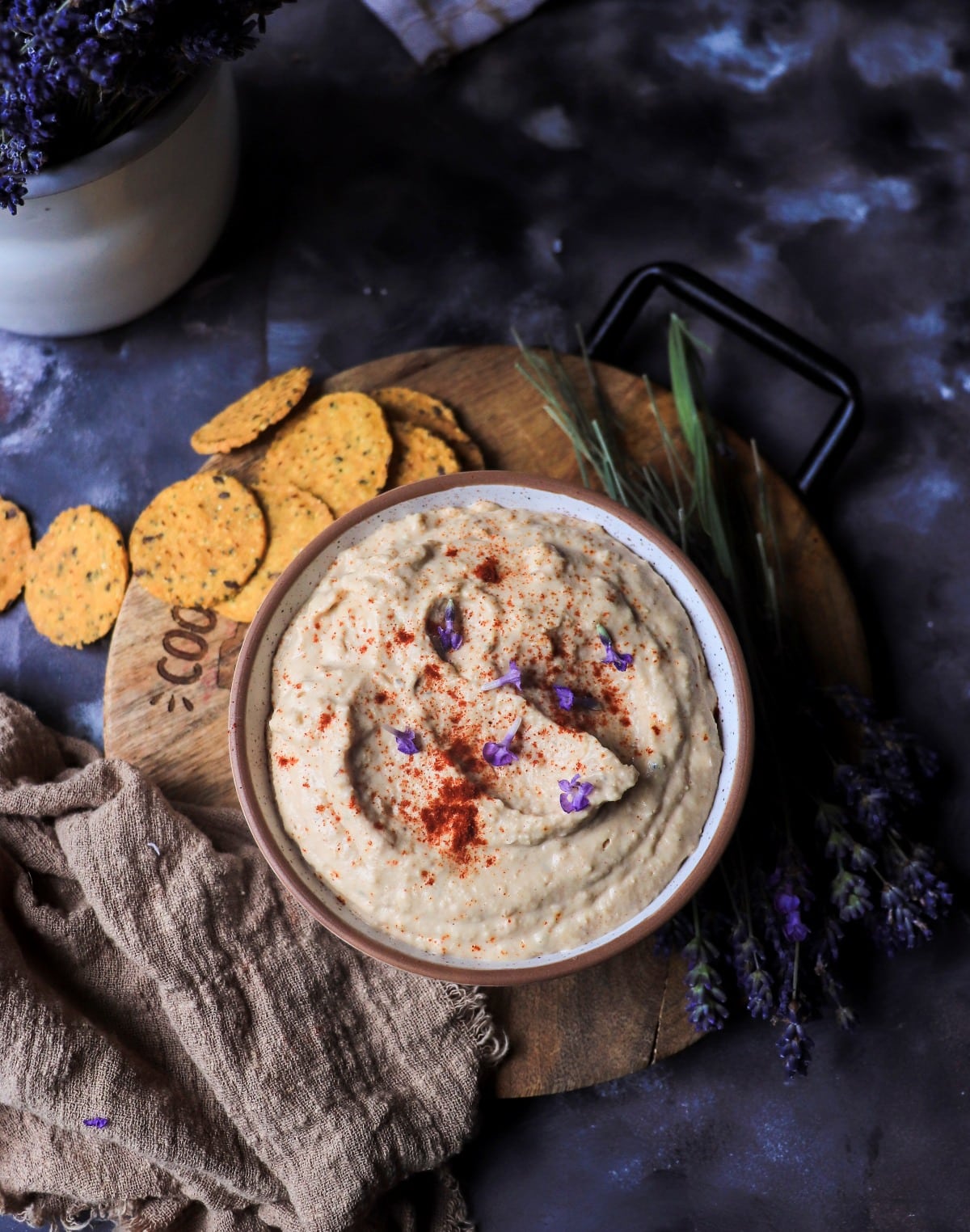 Hummus with canned chickpeas, lavender, and smoked paprika