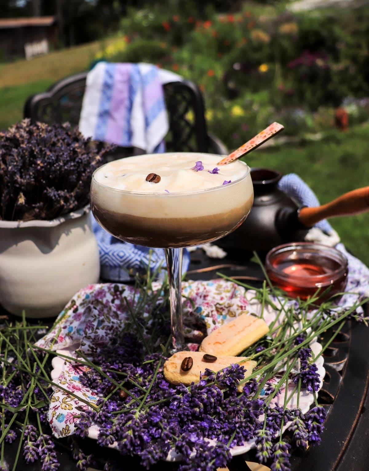 Lavender affogato with vanilla ice cream and strong coffee