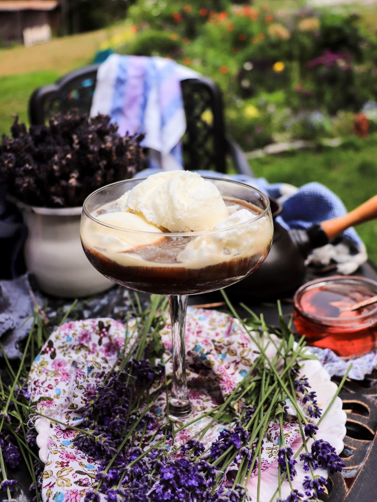 Vanilla ice cream with espresso in lavender affogato