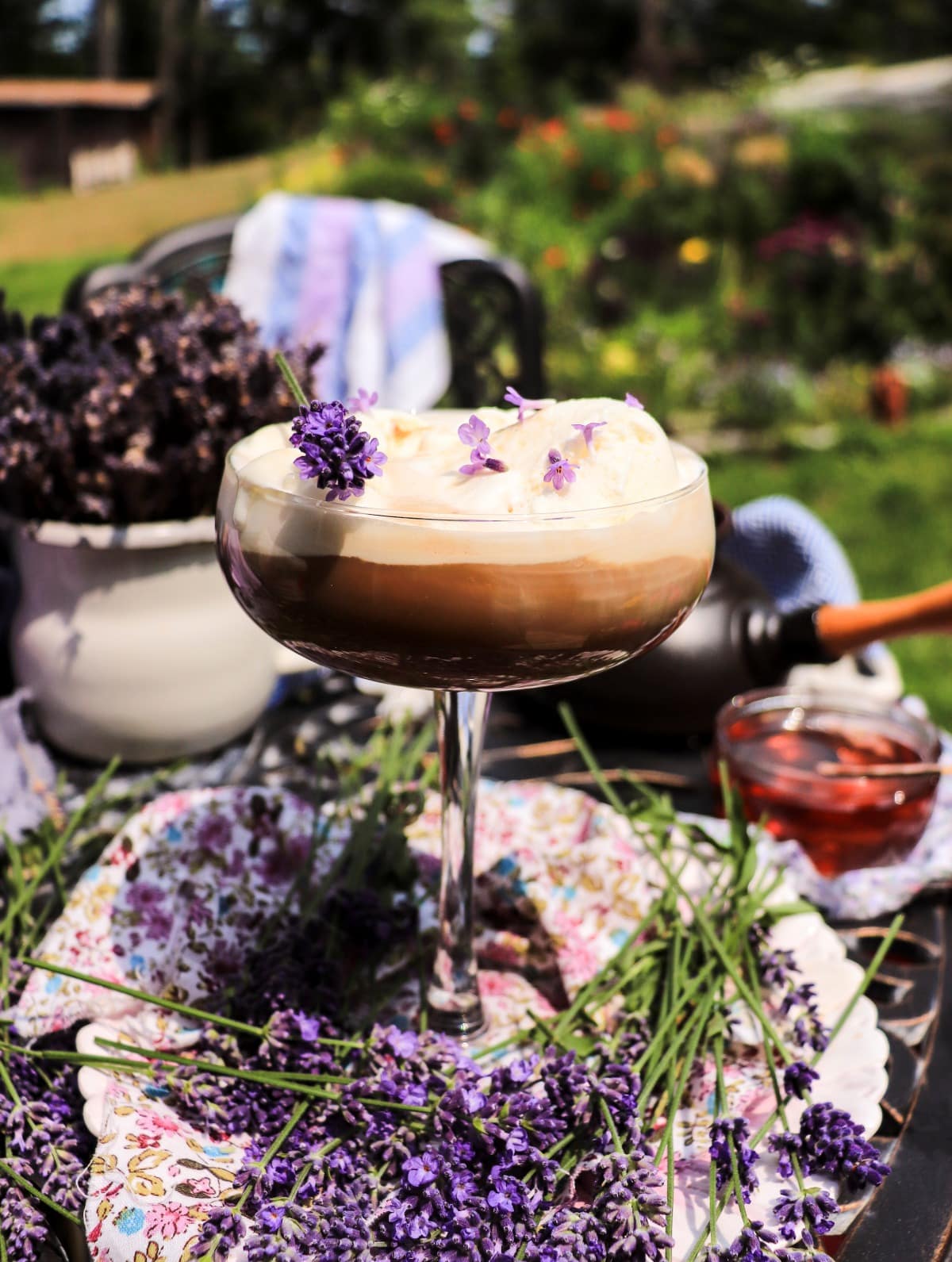 Lavender affogato with melting vanilla ice cream