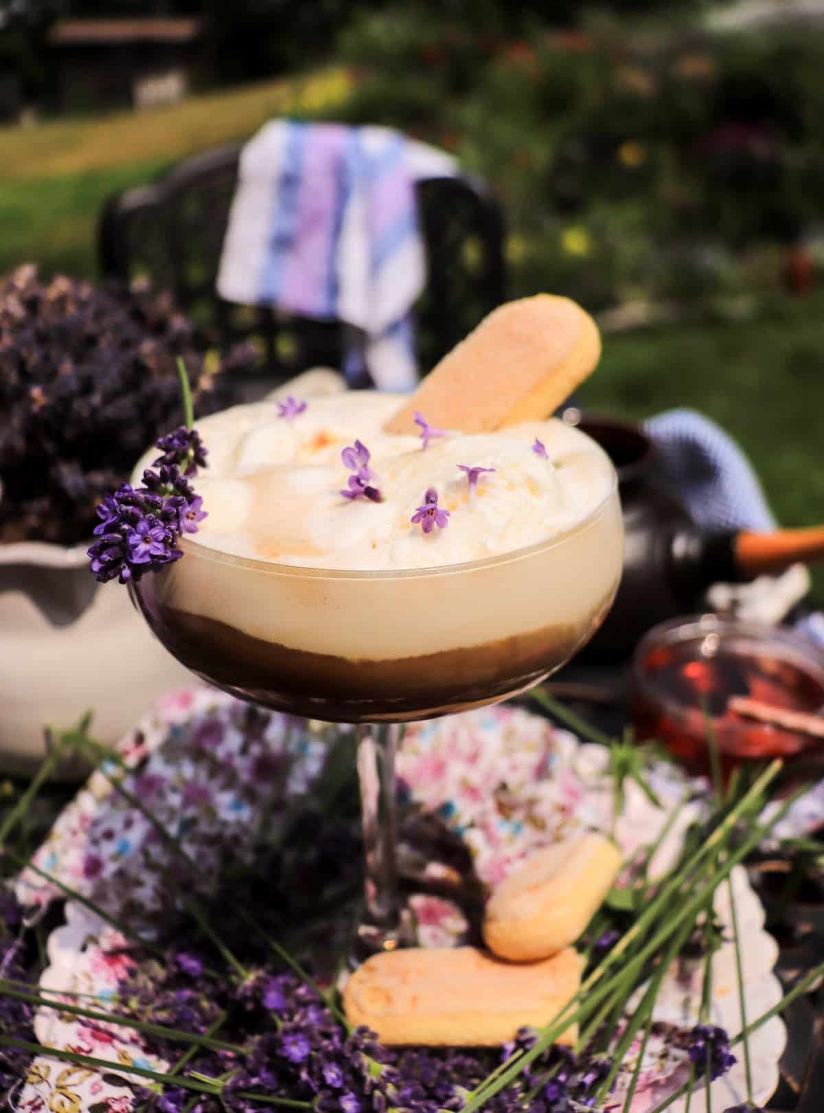 Lavender coffee dessert with vanilla ice cream