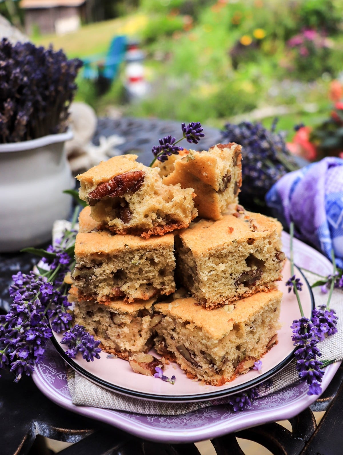 blondie cake with lavender and pecans