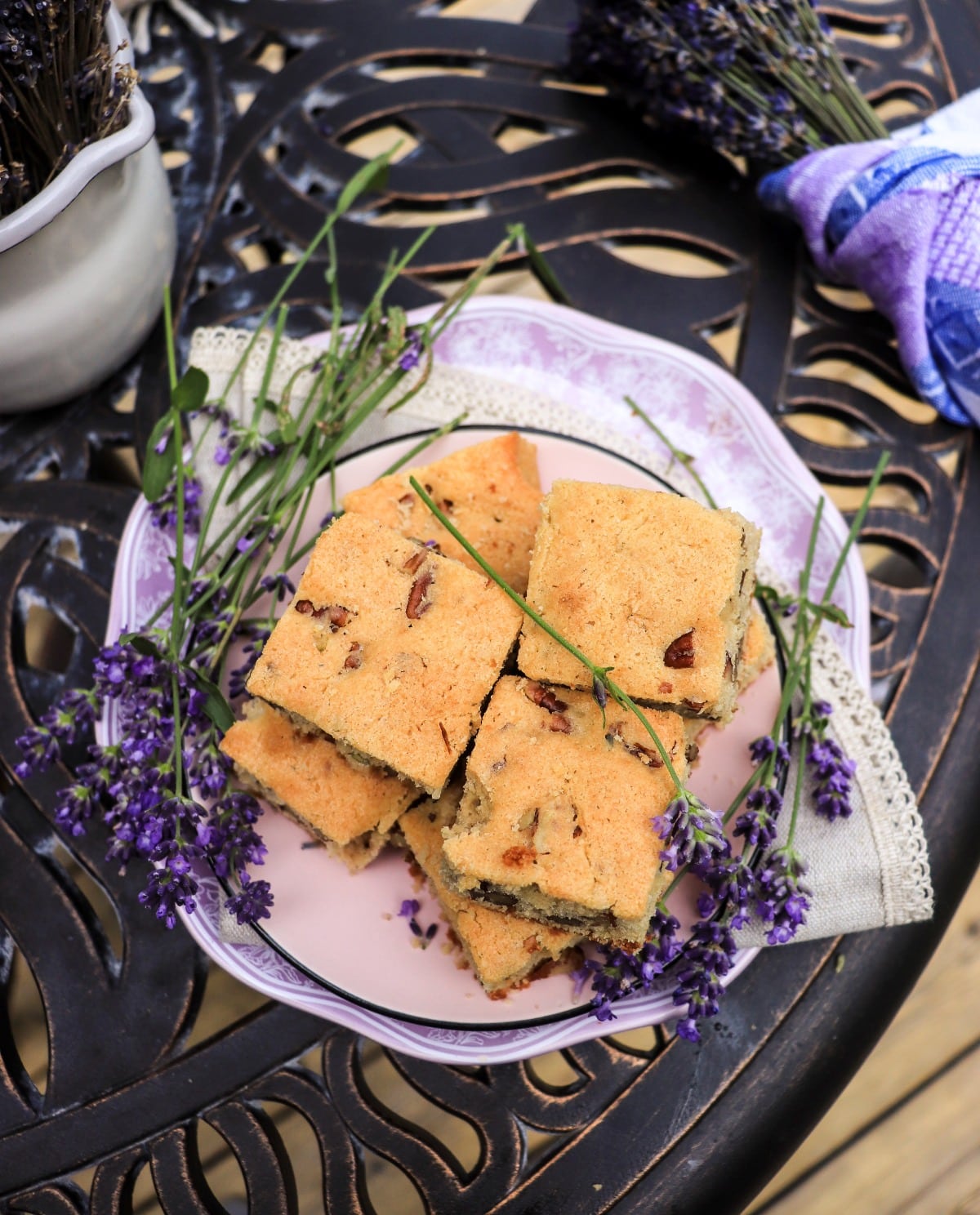 Lavender Cake Bars with Pecans
(less sweet blondies)