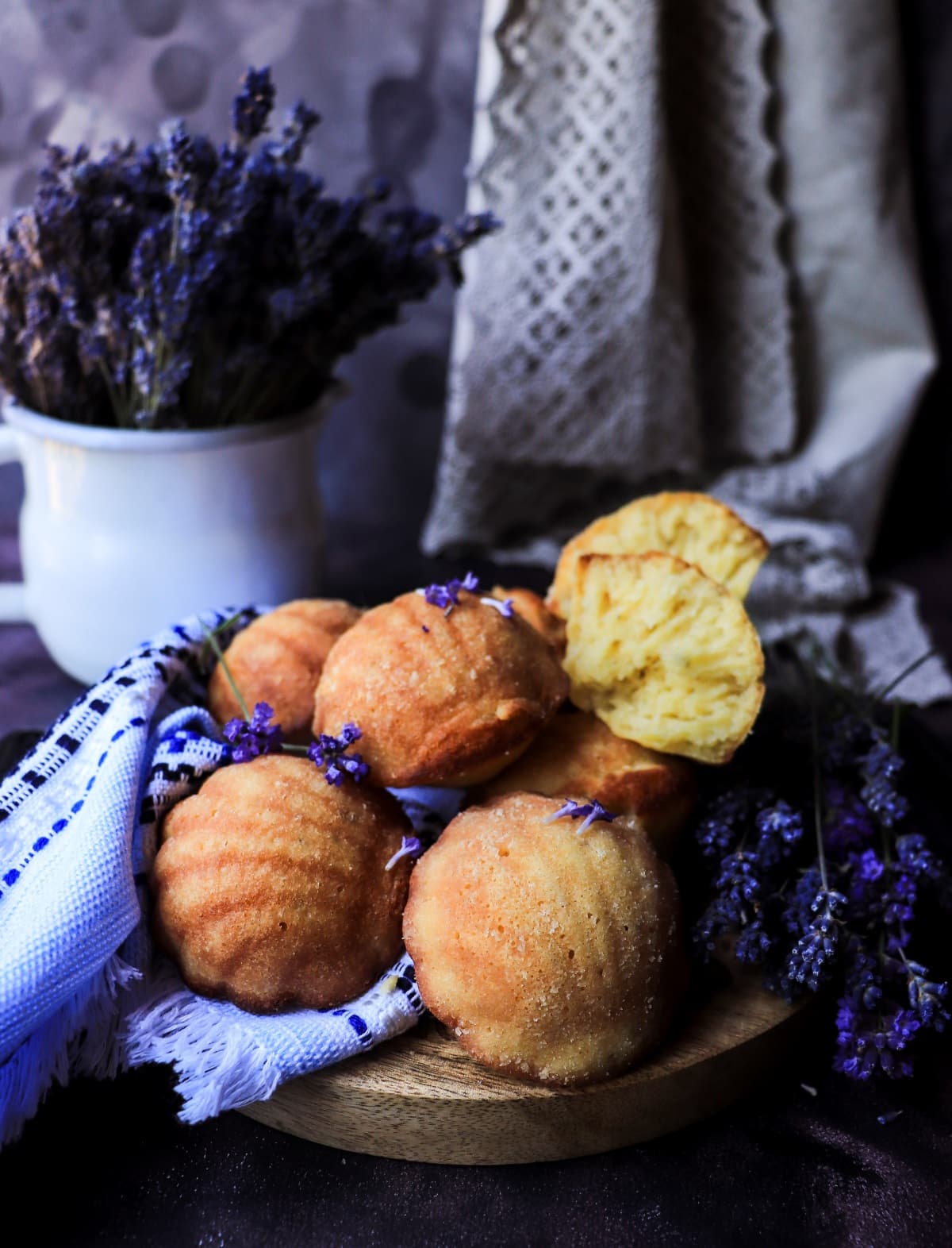 French madeleines with lavender showing soft honey crumb