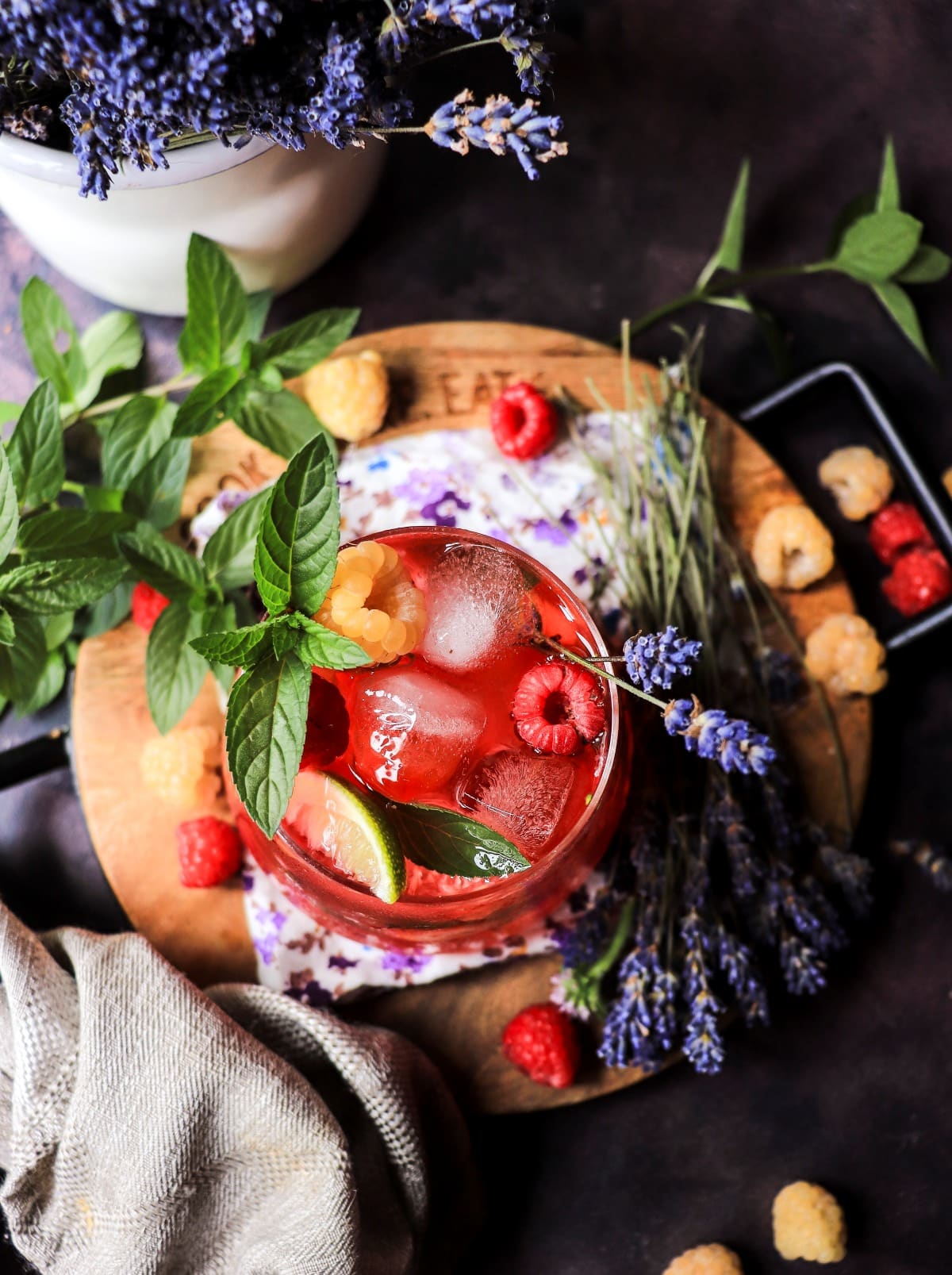 Raspberry lavender cooler with fresh mint and lime
