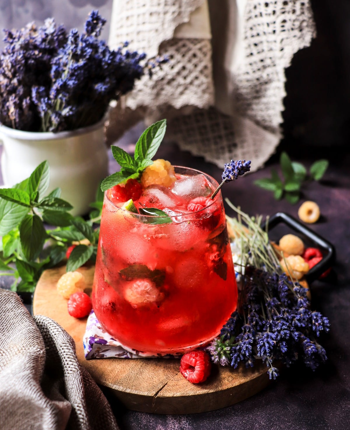 Lavender raspberry cooler with lime and mint