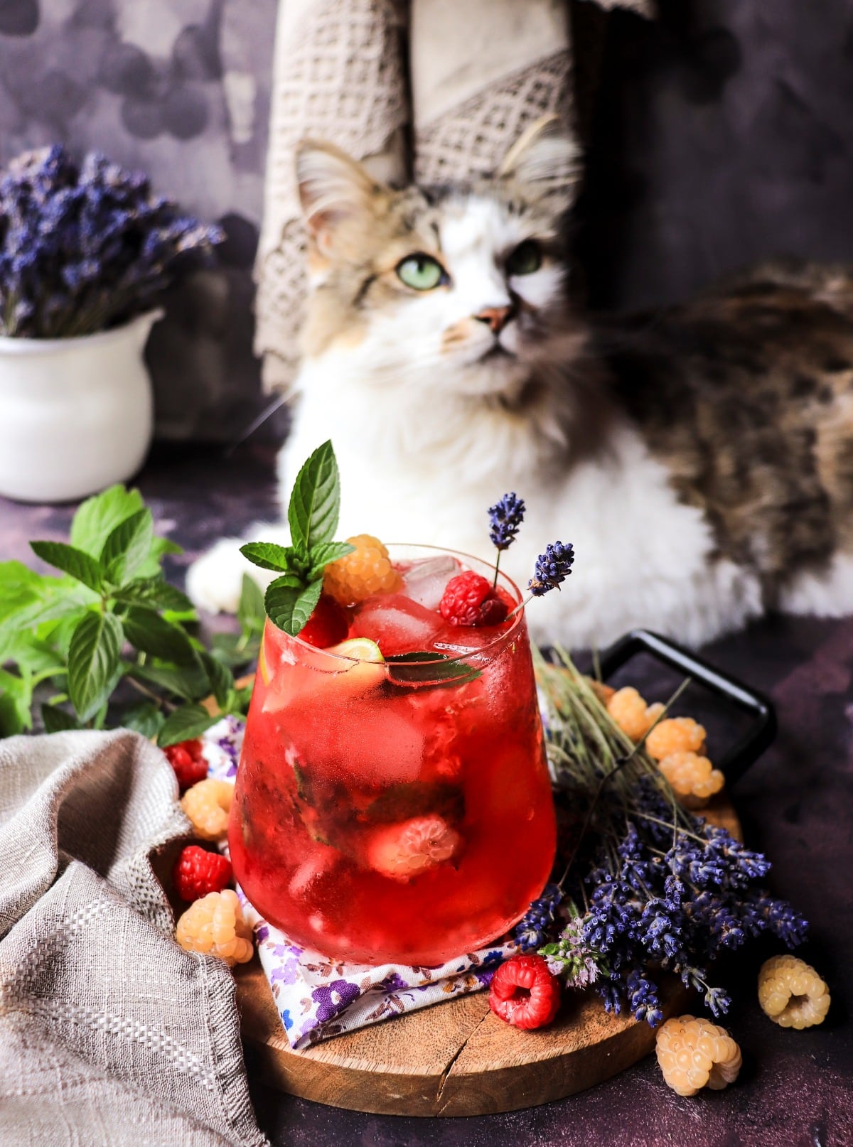 lavender cooler with raspberries