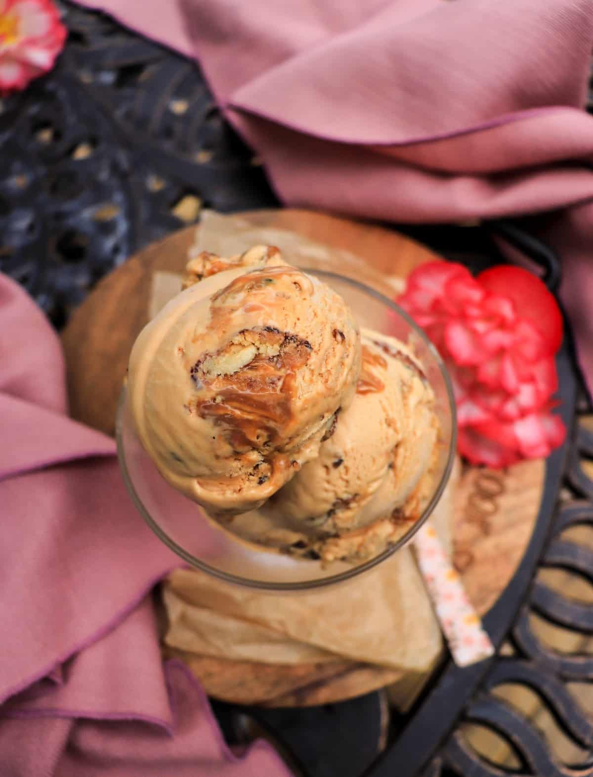No-churn dulce de leche pecan ice cream with toasted nuts