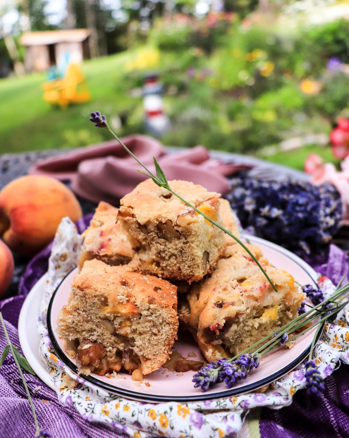 less sweet lavender blondie cake bars with peaches and walnuts 