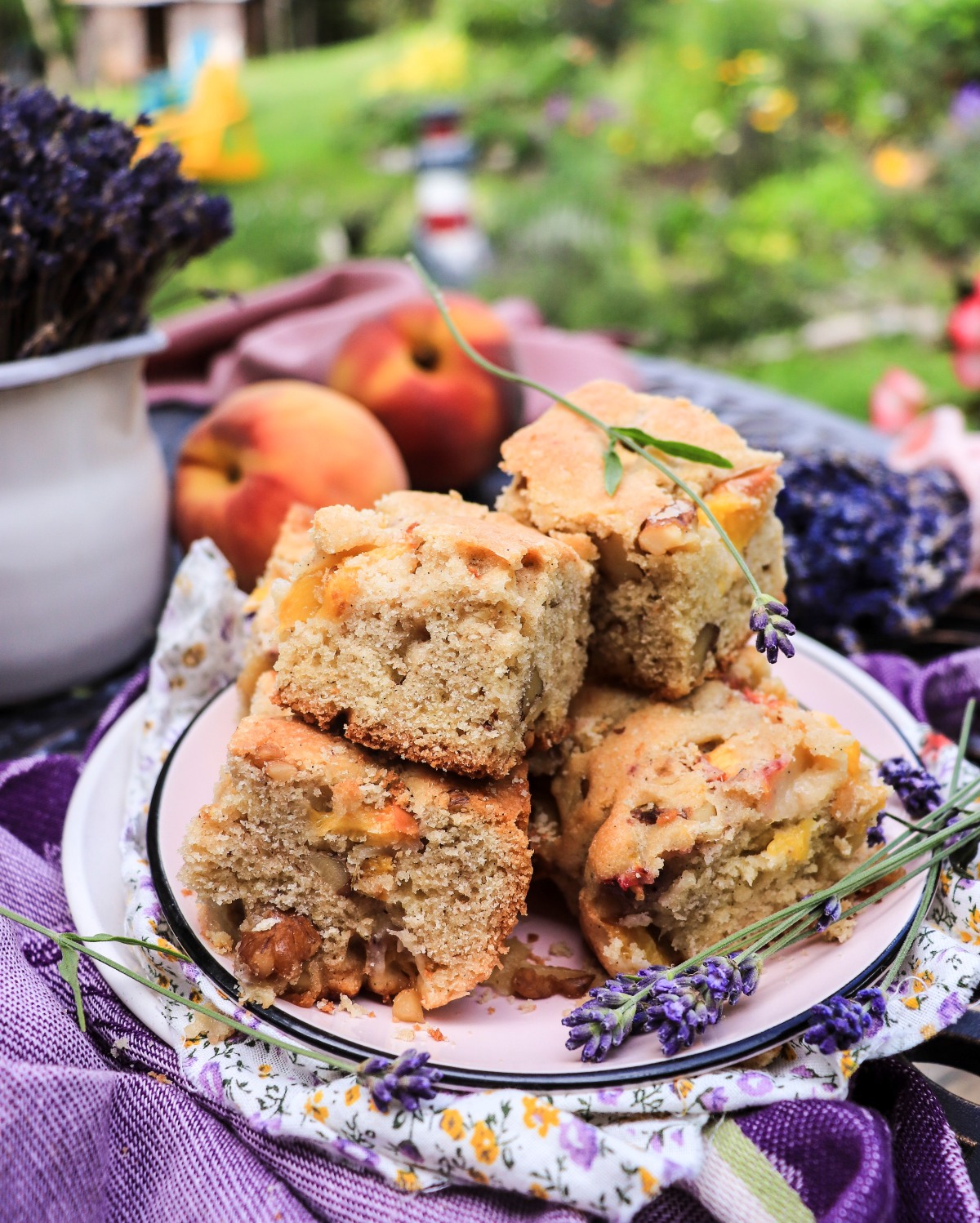 Peach cake blondie bars with walnuts and lavender