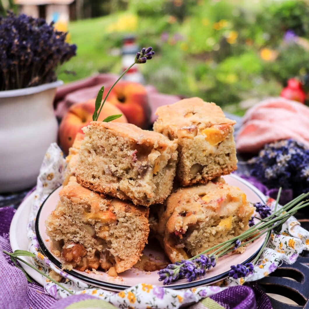 Peach Cake Bars with Lavender and Walnuts