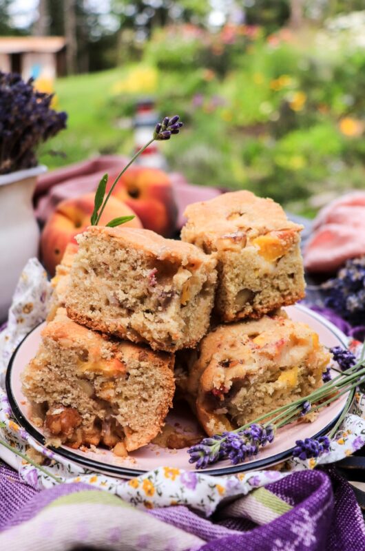 Peach Cake Bars with Lavender and Walnuts